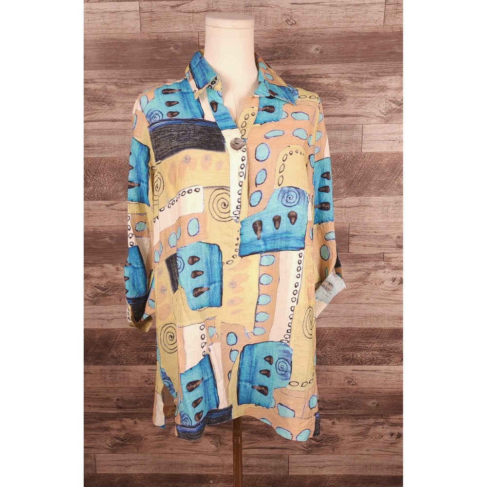 Lior Paris Abstract Print Tunic Top Blue Yellow 3/4 Sleeve Size S S-132